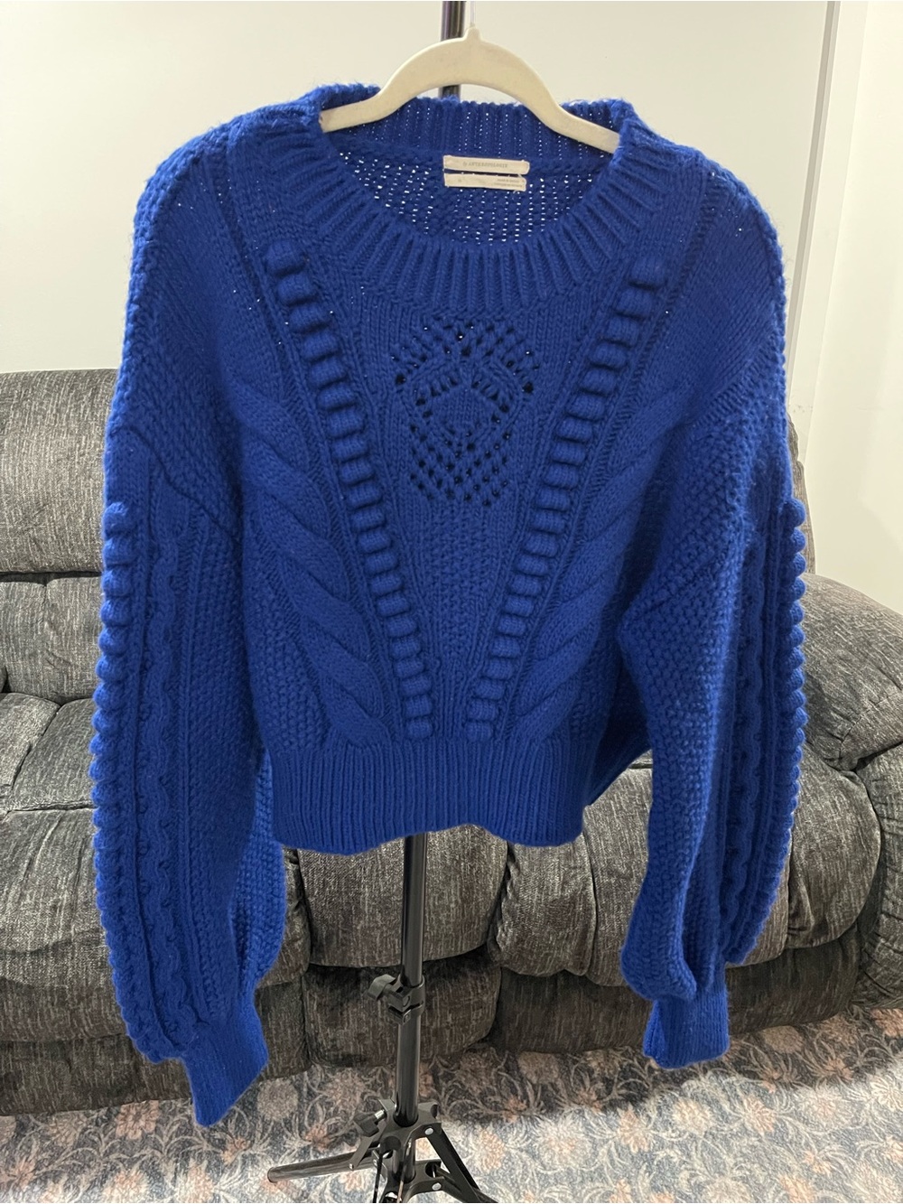 By Anthropologie Royal Blue Cable Knit-Booble Balloon Sleeve Sweater